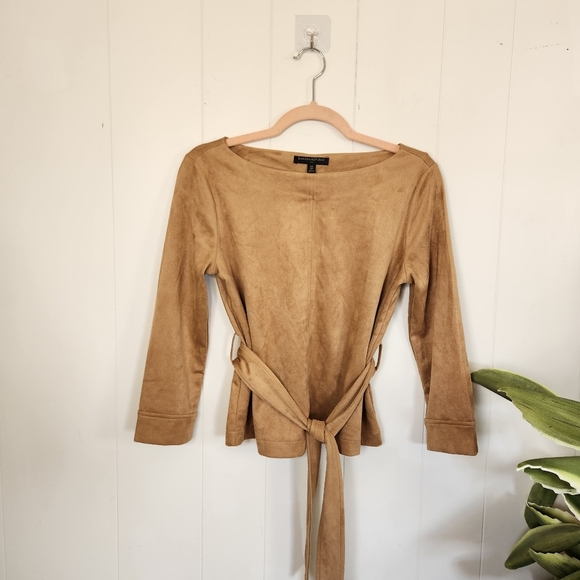 Banana Republic Tan Vegan Suede Belted Long Sleeve Swing Top Stretchy Casual XS - Picture 2 of 10